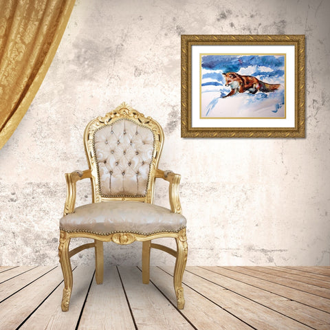 Red Fox in Snow Gold Ornate Wood Framed Art Print with Double Matting by Kovacs, Anna Brigite