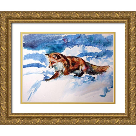 Red Fox in Snow Gold Ornate Wood Framed Art Print with Double Matting by Kovacs, Anna Brigite