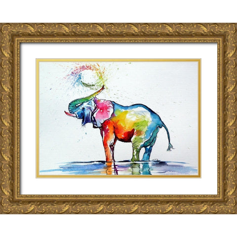 Colorful Elephant Playing Gold Ornate Wood Framed Art Print with Double Matting by Kovacs, Anna Brigite