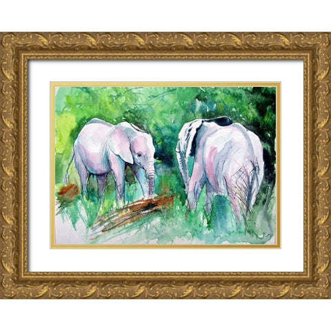 Elephants Meeting Gold Ornate Wood Framed Art Print with Double Matting by Kovacs, Anna Brigite