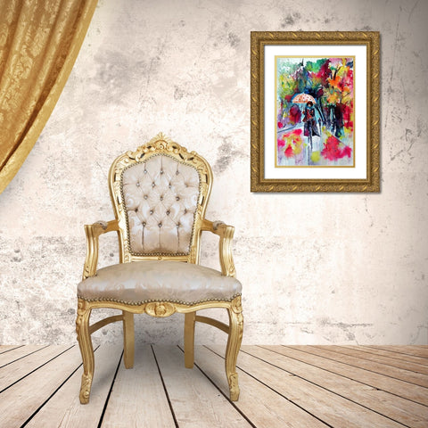 Under Umbrella with red dots Gold Ornate Wood Framed Art Print with Double Matting by Kovacs, Anna Brigite
