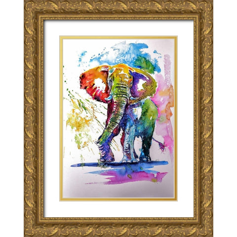 Colorful Elephant Gold Ornate Wood Framed Art Print with Double Matting by Kovacs, Anna Brigite
