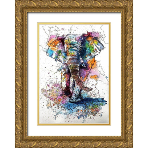 Walking Elephant Gold Ornate Wood Framed Art Print with Double Matting by Kovacs, Anna Brigite