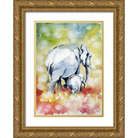 Elephant with Baby Gold Ornate Wood Framed Art Print with Double Matting by Kovacs, Anna Brigite