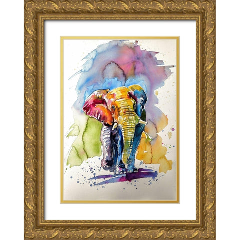 Happy Elephant Gold Ornate Wood Framed Art Print with Double Matting by Kovacs, Anna Brigite