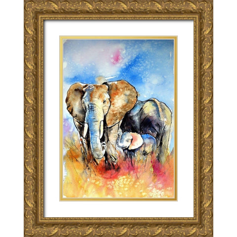 Elephant Family Gold Ornate Wood Framed Art Print with Double Matting by Kovacs, Anna Brigite