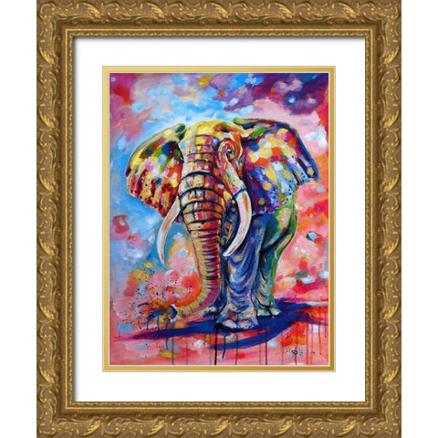 Big colorful Elephant Gold Ornate Wood Framed Art Print with Double Matting by Kovacs, Anna Brigite