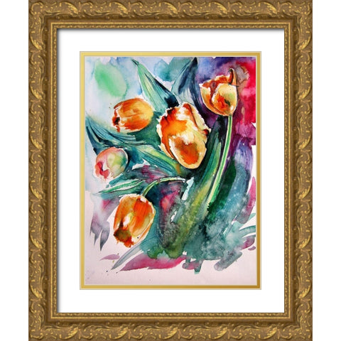 Tulips Gold Ornate Wood Framed Art Print with Double Matting by Kovacs, Anna Brigite