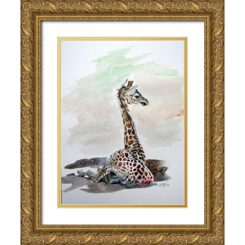 Sitting Giraffe Gold Ornate Wood Framed Art Print with Double Matting by Kovacs, Anna Brigite