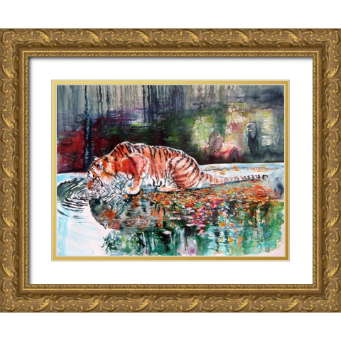 Tiger Drinking Gold Ornate Wood Framed Art Print with Double Matting by Kovacs, Anna Brigite