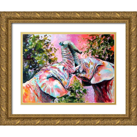 Happy Elephants Gold Ornate Wood Framed Art Print with Double Matting by Kovacs, Anna Brigite
