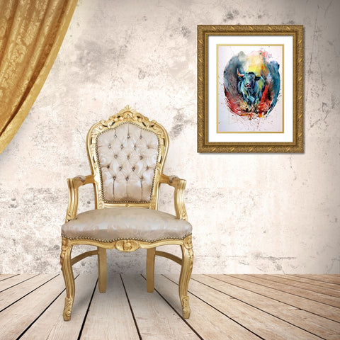 Running Bull Gold Ornate Wood Framed Art Print with Double Matting by Kovacs, Anna Brigite