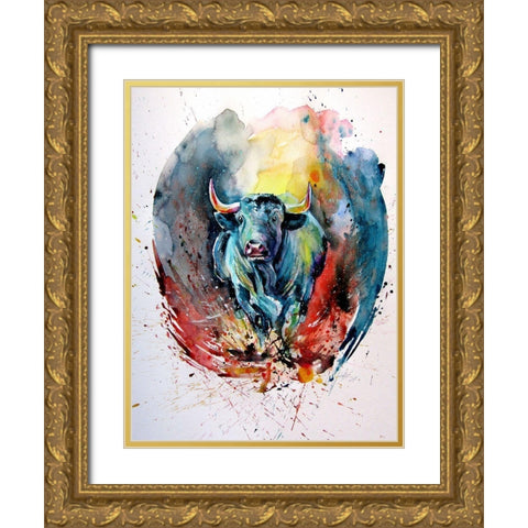 Running Bull Gold Ornate Wood Framed Art Print with Double Matting by Kovacs, Anna Brigite