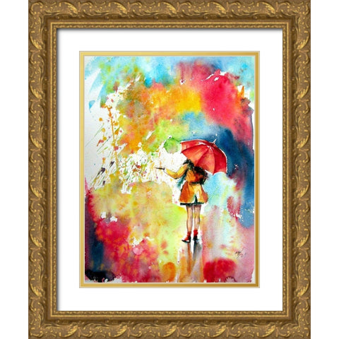 Colorful Rain with a Girl Gold Ornate Wood Framed Art Print with Double Matting by Kovacs, Anna Brigite