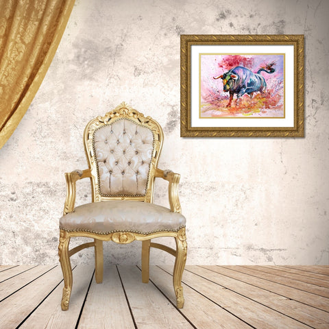 Running Bull Gold Ornate Wood Framed Art Print with Double Matting by Kovacs, Anna Brigite