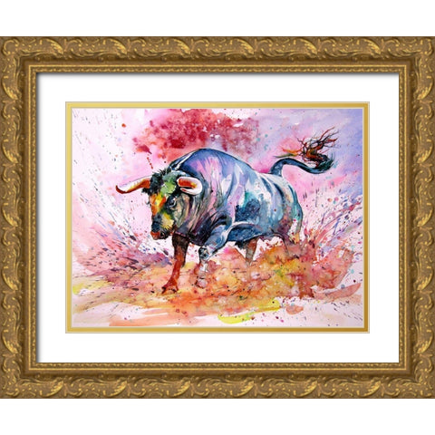 Running Bull Gold Ornate Wood Framed Art Print with Double Matting by Kovacs, Anna Brigite