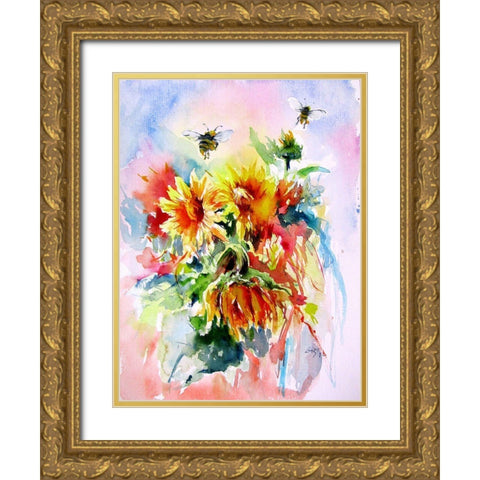 Sunflowers with Bees Gold Ornate Wood Framed Art Print with Double Matting by Kovacs, Anna Brigite