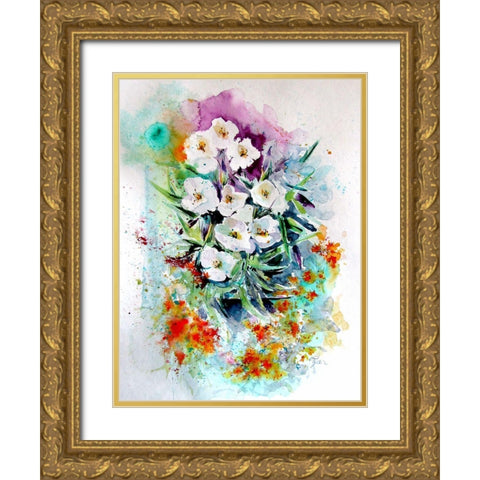 White Flowers Gold Ornate Wood Framed Art Print with Double Matting by Kovacs, Anna Brigite