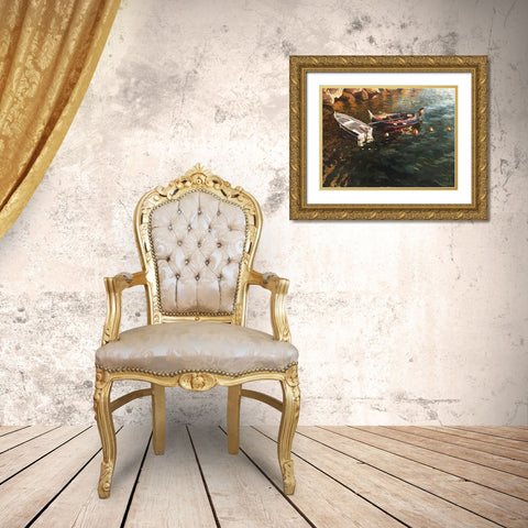 Boatds in Evening Light Gold Ornate Wood Framed Art Print with Double Matting by Strube, Ling