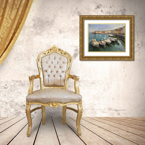 Boats in Belle - Ille Island Gold Ornate Wood Framed Art Print with Double Matting by Strube, Ling