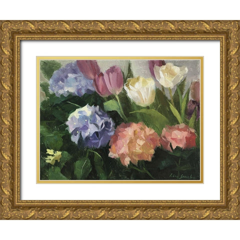 Hydrangeas and Tulips Gold Ornate Wood Framed Art Print with Double Matting by Strube, Ling