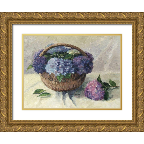 Hydrangeas in Basket Gold Ornate Wood Framed Art Print with Double Matting by Strube, Ling