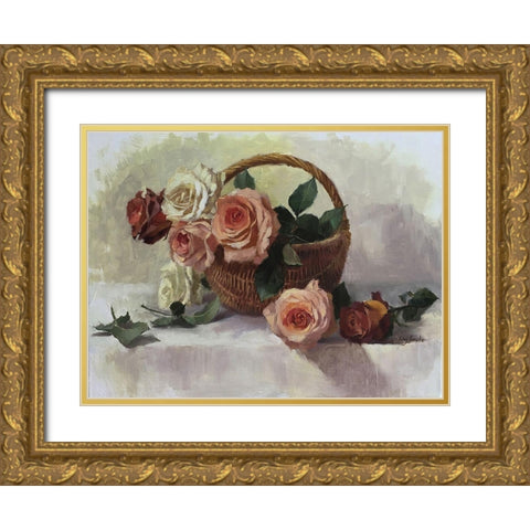 Rose Basket Gold Ornate Wood Framed Art Print with Double Matting by Strube, Ling