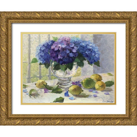 Still Life with Hydrangeas and Lemons Gold Ornate Wood Framed Art Print with Double Matting by Strube, Ling