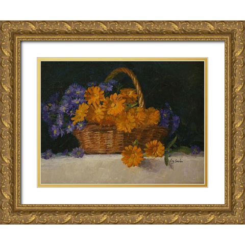 Flower Basket Gold Ornate Wood Framed Art Print with Double Matting by Strube, Ling