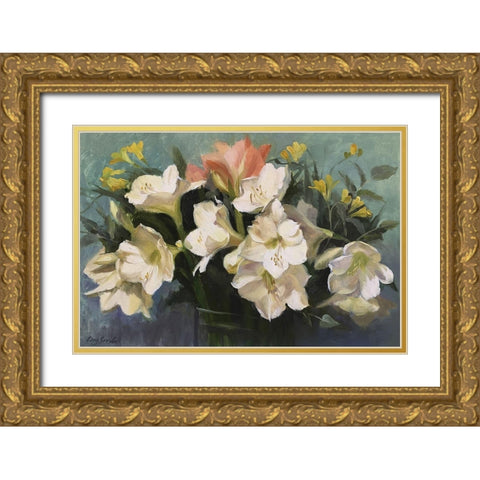 White Amarylilies Gold Ornate Wood Framed Art Print with Double Matting by Strube, Ling