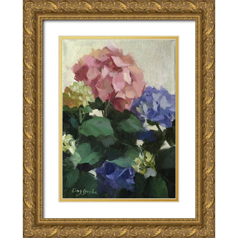 Red and Blue Hydrangeas Gold Ornate Wood Framed Art Print with Double Matting by Strube, Ling
