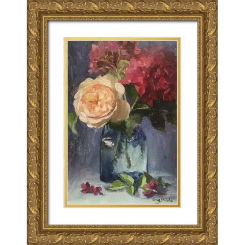 Rose and Hydrangeas Gold Ornate Wood Framed Art Print with Double Matting by Strube, Ling