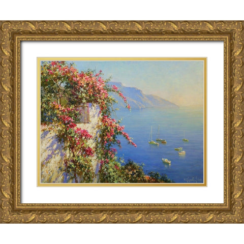 Amalfi. Flowers above the Sea Gold Ornate Wood Framed Art Print with Double Matting by Obuchovsky, Yury