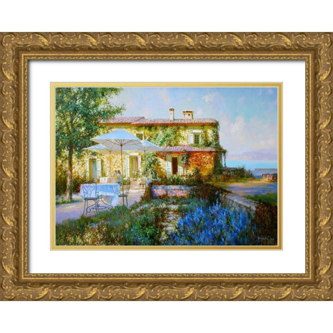 Blue Flowers Gold Ornate Wood Framed Art Print with Double Matting by Obuchovsky, Yury