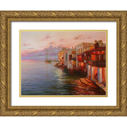 Mikonos. Night Lights Gold Ornate Wood Framed Art Print with Double Matting by Obuchovsky, Yury