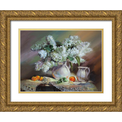 Still Life with Lilac Gold Ornate Wood Framed Art Print with Double Matting by Rogozina, Svetlana