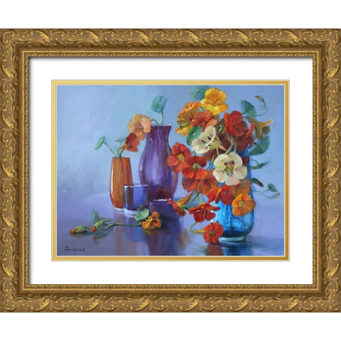 Still Life with blue Background Gold Ornate Wood Framed Art Print with Double Matting by Rogozina, Svetlana