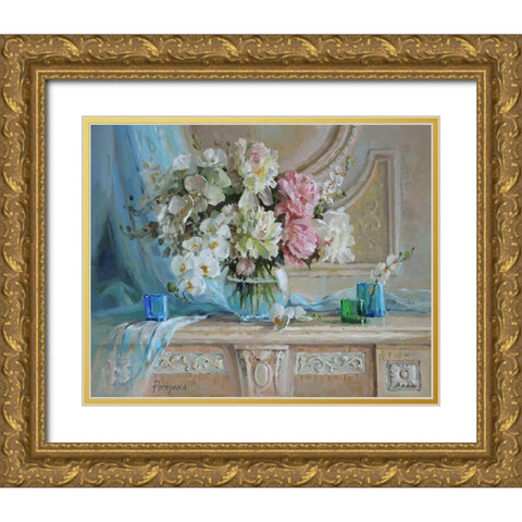 Still Life with Blue Veil Gold Ornate Wood Framed Art Print with Double Matting by Rogozina, Svetlana
