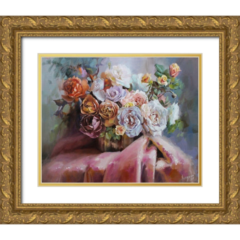 Bouquet of Aromat Roses Gold Ornate Wood Framed Art Print with Double Matting by Rogozina, Svetlana