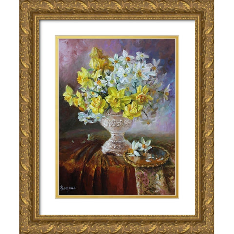 Still Life with Daffodils Gold Ornate Wood Framed Art Print with Double Matting by Rogozina, Svetlana