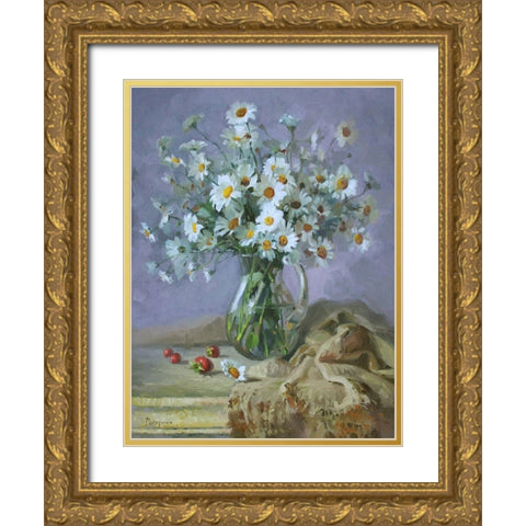 Still Life with Daisies Gold Ornate Wood Framed Art Print with Double Matting by Rogozina, Svetlana