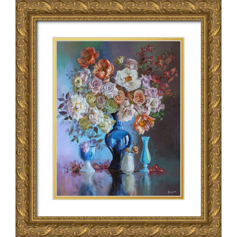 Big Bouquet of Tender Roses Gold Ornate Wood Framed Art Print with Double Matting by Rogozina, Svetlana