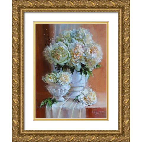 White Peonies II Gold Ornate Wood Framed Art Print with Double Matting by Rogozina, Svetlana