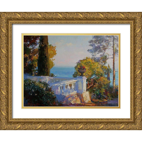 White Terrace by the Sea Gold Ornate Wood Framed Art Print with Double Matting by Sviridov, Sergei