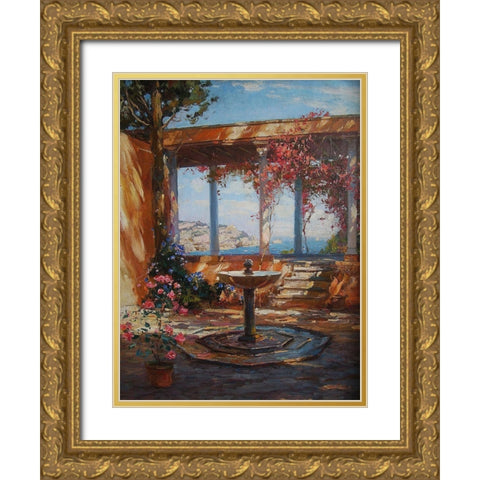 Fountain in Garden  Gold Ornate Wood Framed Art Print with Double Matting by Sviridov, Sergei