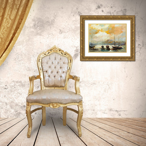 Boats by Sunset Gold Ornate Wood Framed Art Print with Double Matting by Bond
