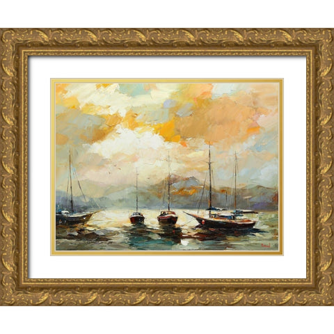 Boats by Sunset Gold Ornate Wood Framed Art Print with Double Matting by Bond
