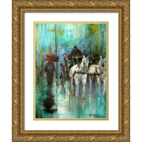 In the Rain in Vienna Gold Ornate Wood Framed Art Print with Double Matting by Zakrynycny, Viktor
