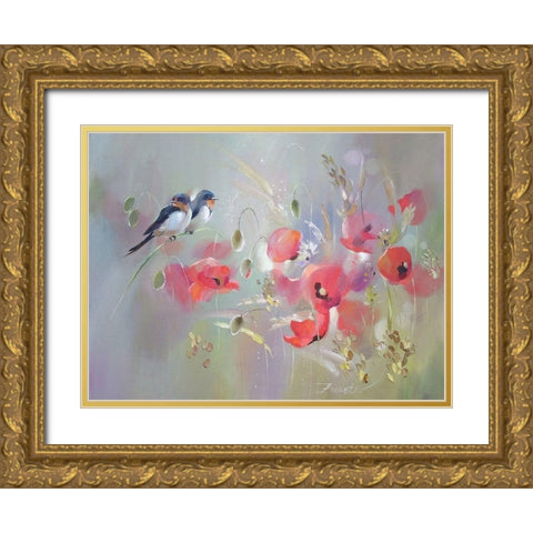 Birds with Red Poppies Gold Ornate Wood Framed Art Print with Double Matting by Zareckaye, Tatiana
