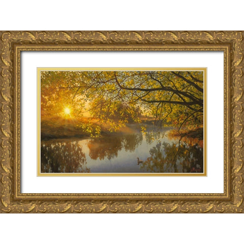 Sunrise above the  River Gold Ornate Wood Framed Art Print with Double Matting by Adamov, Alexey